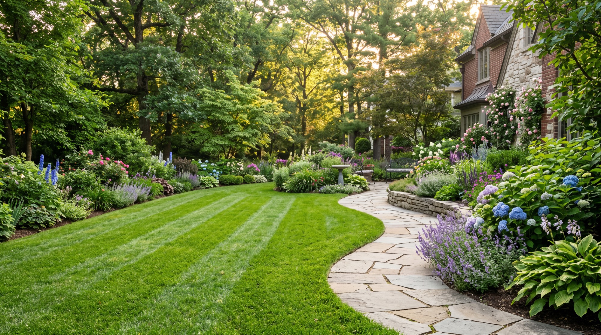 A professionally landscaped backyard with striped lawn, stone path and layered planting beds